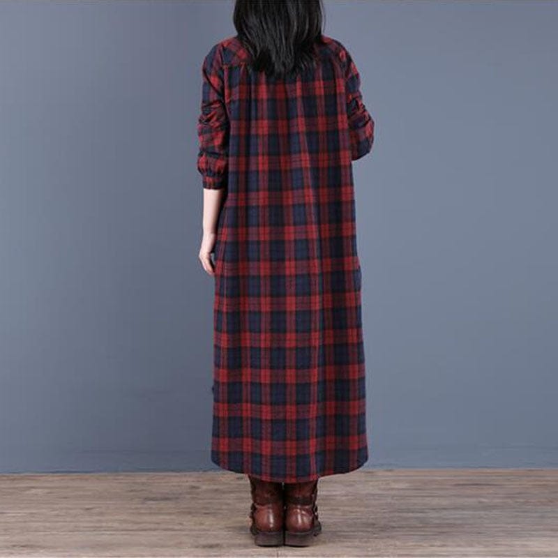 Buddhatrends Vintage Loose Cotton Plaid Dress