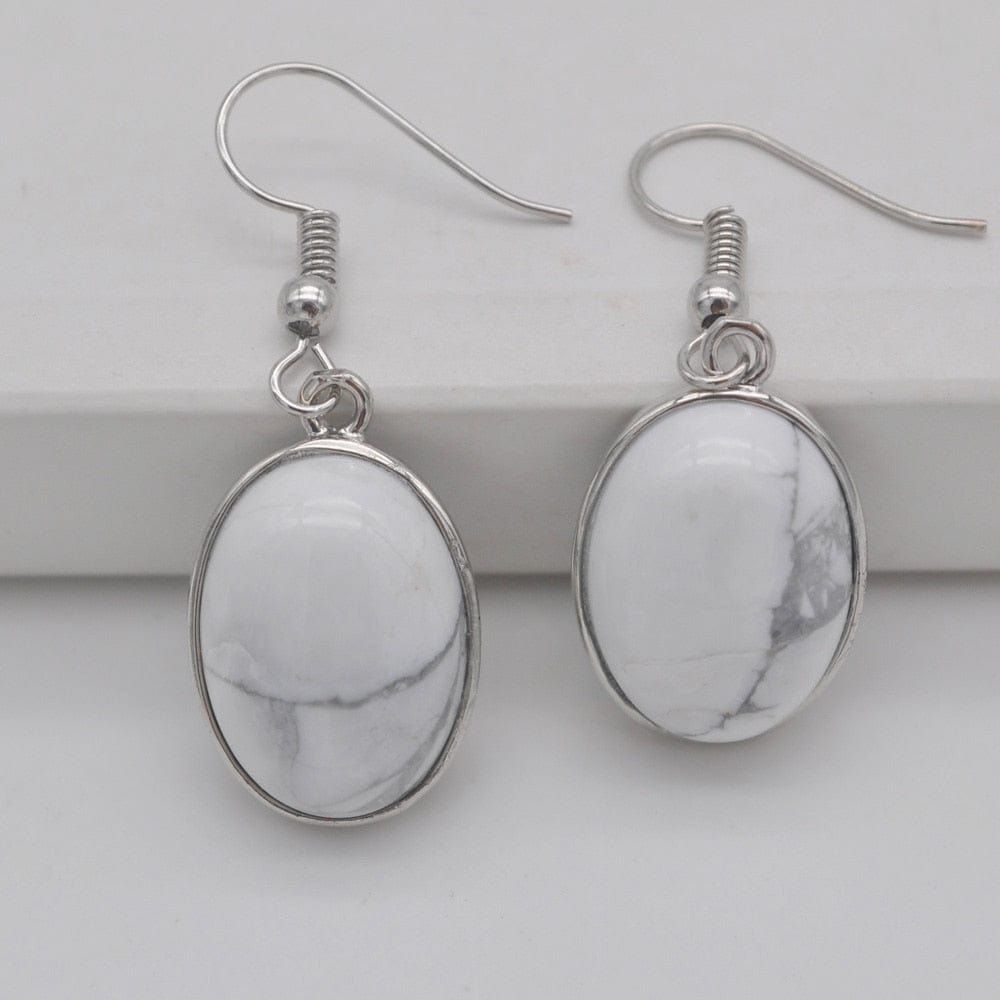 Buddhatrends White Howlite Natural Stone Oval Earrings