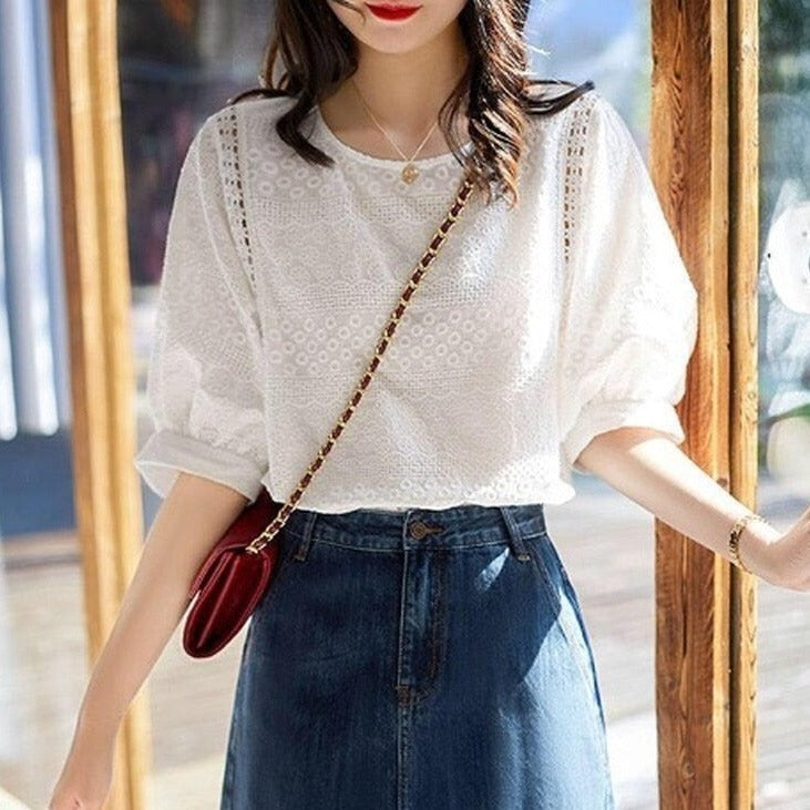 Buddhatrends white / S Amber Embroidery Half-Sleeve Blouses