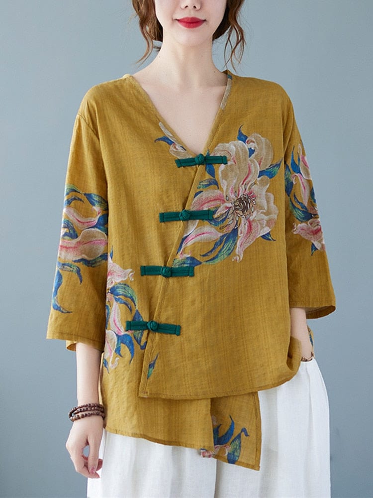 Buddhatrends Yellow / L Kim Floral Linen Oversized Blouse