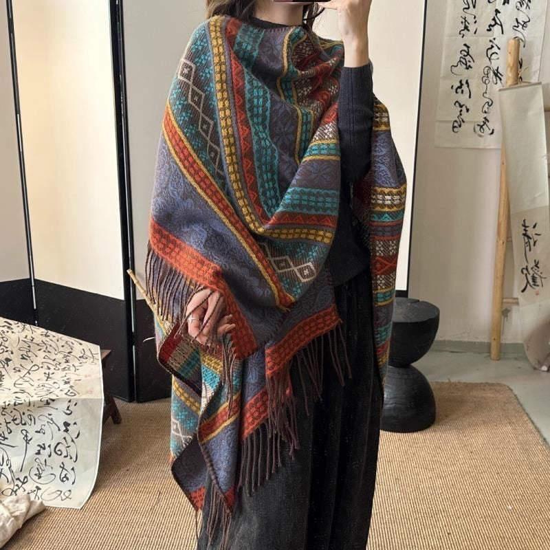 Ethnic Striped Tassel Scarf