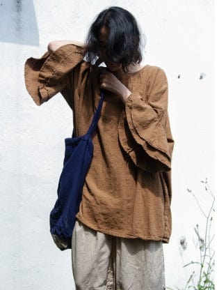 Buddha Trends Dark Khaki / One Size Butterfly Sleeve Cotton Linen Shirt