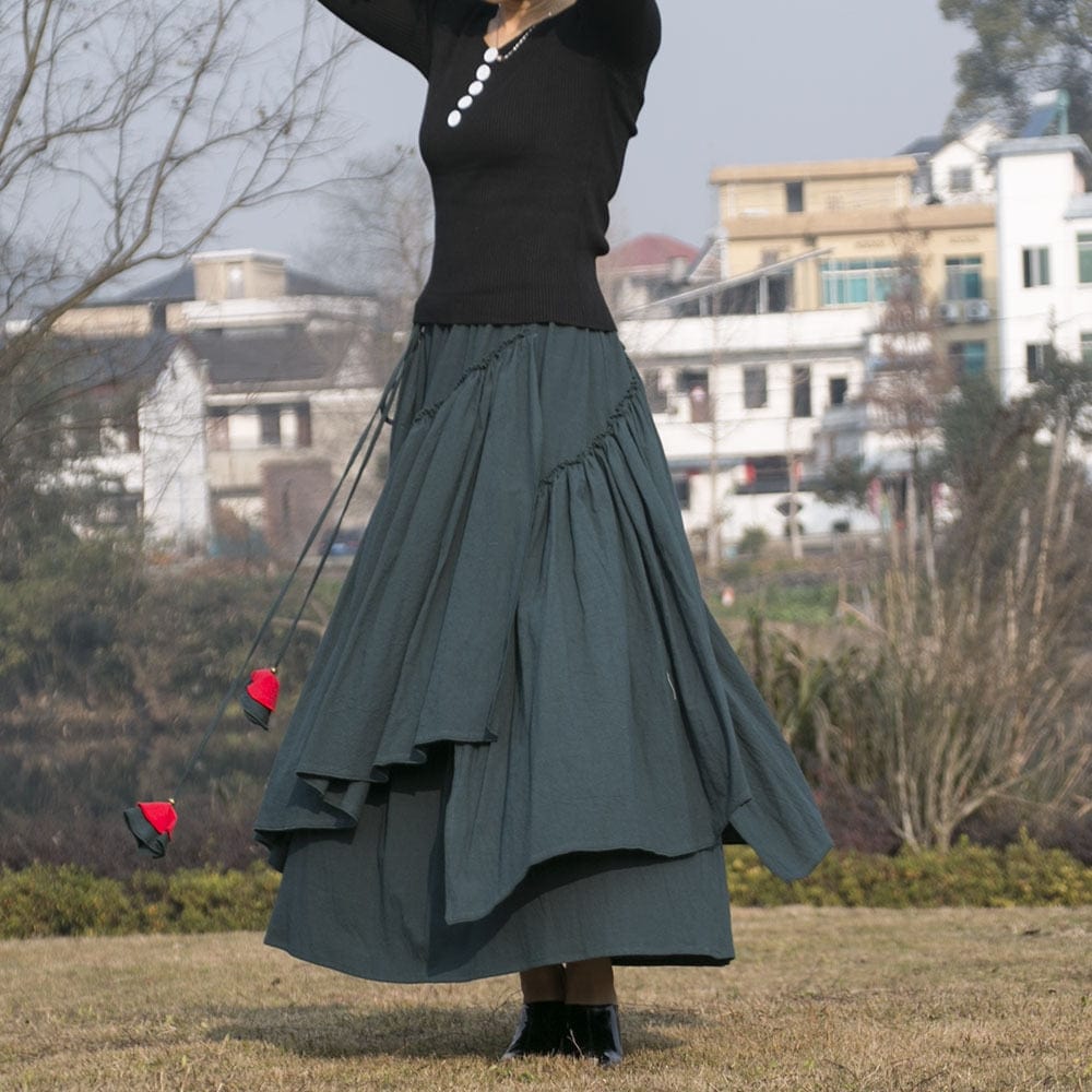 Buddha Trends Skirts Dark Green / S Vintage Bohemian Pleated Midi Skirt