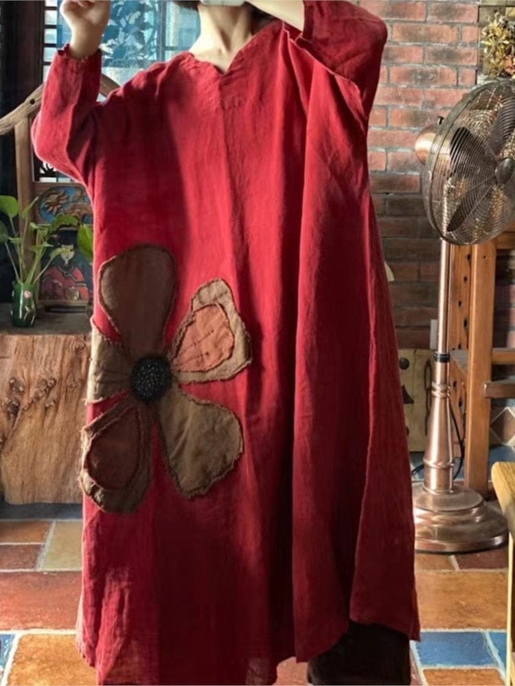 Buddhatrends Chinese Dress Flower Power Loose Linen Patchwork Dress