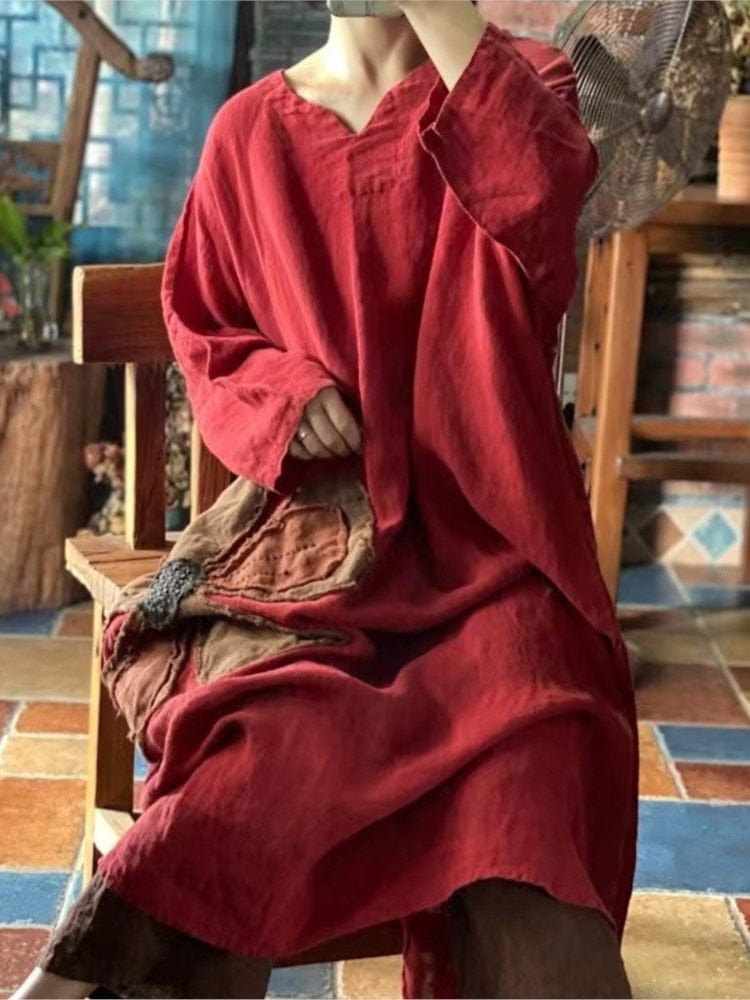 Buddhatrends Chinese Dress Flower Power Loose Linen Patchwork Dress