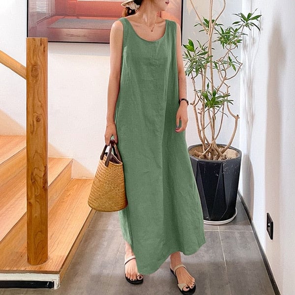 Buddhatrends Green / S Sleeveless Cotton Linen Plus Size Dress
