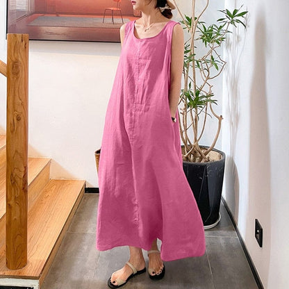 Buddhatrends Pink / S Sleeveless Cotton Linen Plus Size Dress