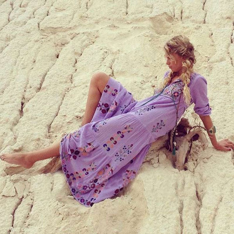 Buddhatrends Purple / S Boho Inspired Floral Embroidered Maxi Dress
