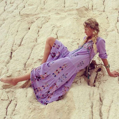 Buddhatrends Purple / S Boho Inspired Floral Embroidered Maxi Dress