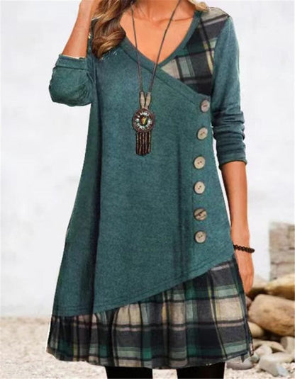 Buddhatrends Tops Green / S Plaid Spliced Shirt Dress