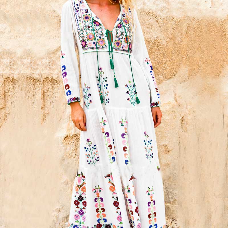 Buddhatrends White / S Boho Inspired Floral Embroidered Maxi Dress