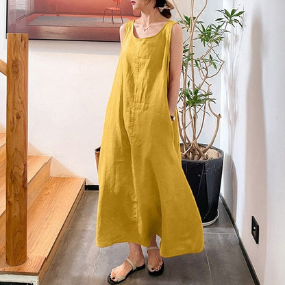 Buddhatrends Yellow / S Sleeveless Cotton Linen Plus Size Dress