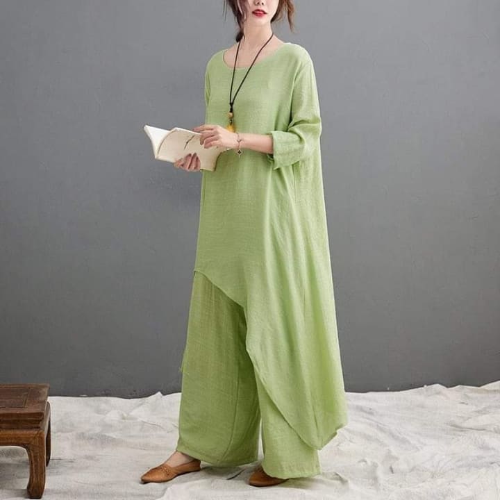 Buddha Trends 2 piece zen outfit Green / M Evania Asymmetrical Shirt With Palazzo Pants | Zen