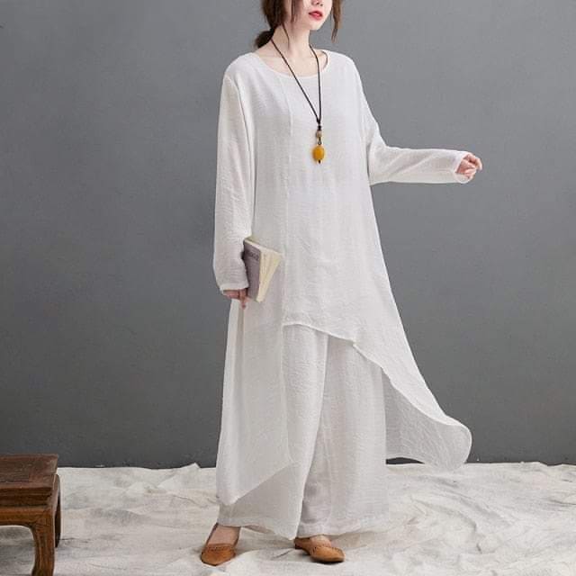 Buddha Trends 2 piece zen outfit White / M Evania Asymmetrical Shirt With Palazzo Pants | Zen