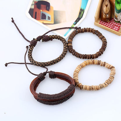 Buddha Trends 4 Pieces Wooden Leather Bracelets