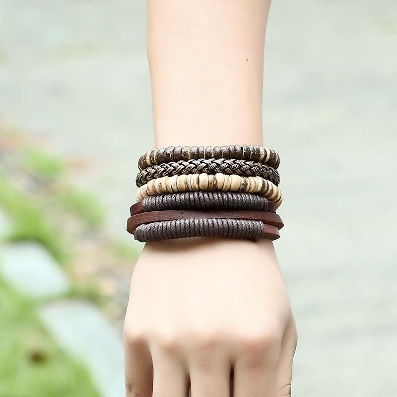 Buddha Trends 4 Pieces Wooden Leather Bracelets