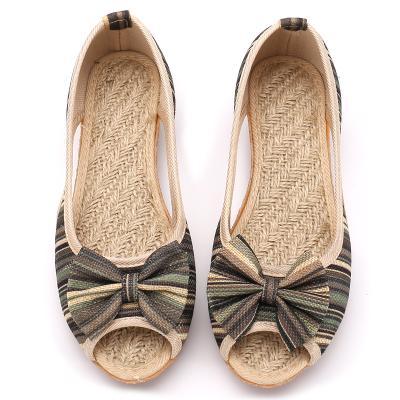 Buddha Trends Army Green / 5 Rainbow Striped Peep Toe Linen Shoes
