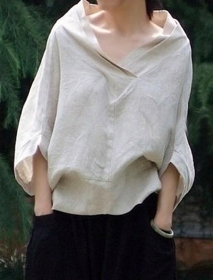 Buddha Trends Batwing Sleeve V-Neck Linen Shirt