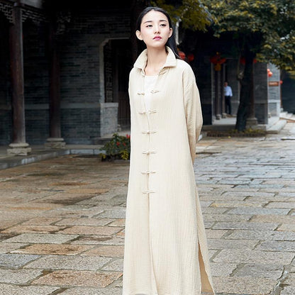 Buddha Trends Beige / One Size Chinese Style Cotton Linen Trench Coat  | Zen