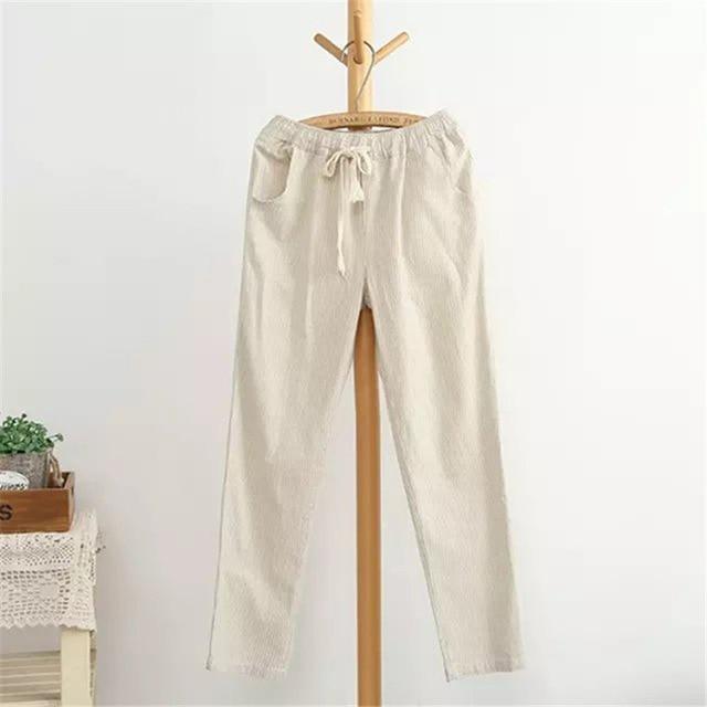 Buddha Trends beige / S Striped Cotton Linen Pants  | Zen