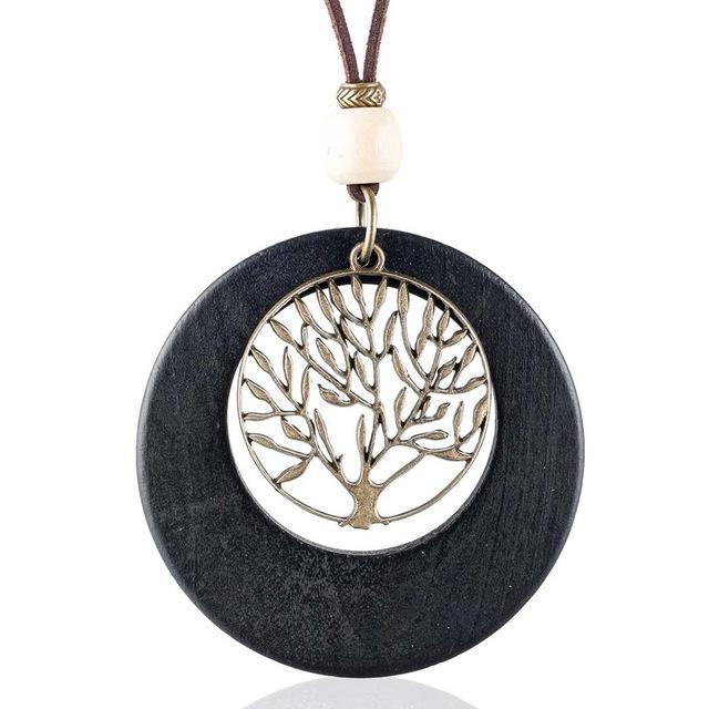 Buddha Trends Black Life Tree Geometric Wooden Pendant Necklace