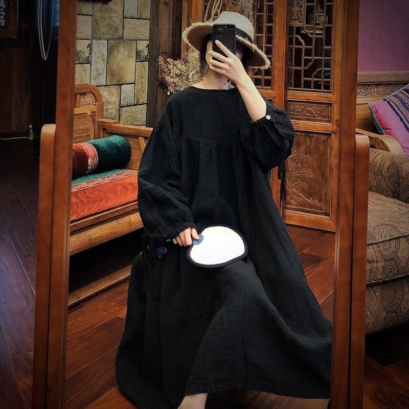 Buddha Trends Black Linen / One Size Black Oversized Linen Dress