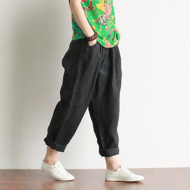 Buddha Trends Black / One Size Casual Literary Roll-up Trousers  | Zen