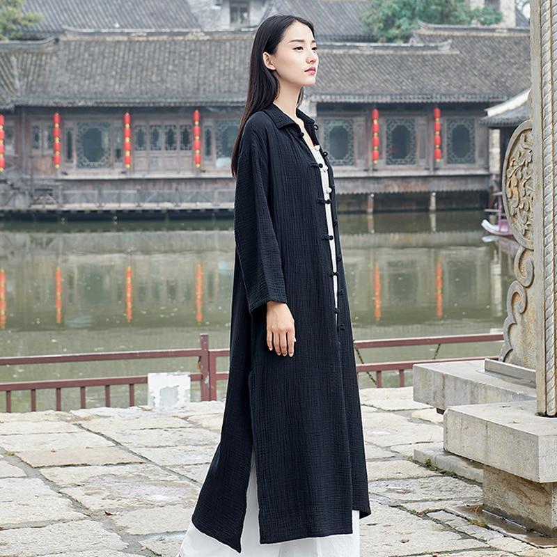 Buddha Trends Black / One Size Chinese Style Cotton Linen Trench Coat  | Zen