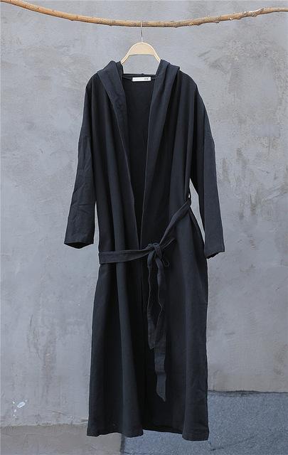 Buddha Trends Black / One Size Hooded Bandage Linen Trench Coat  | Zen
