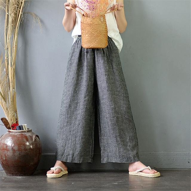 Buddha Trends Black / One Size Plaid Linen Palazzo Pants