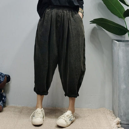 Buddha Trends Black / One Size Rolled Up Cotton And linen Trousers