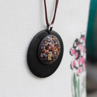 Buddha Trends Black Stones in Circle Wooden Pendant Necklace