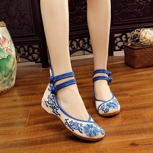 Buddha Trends Blue / 4 Floral Embroidered Cotton Linen Flats