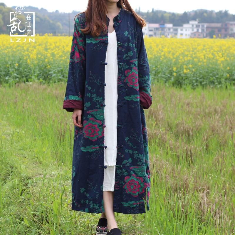 Buddha Trends Blue / One Size Floral Chinese Linen Trench Coat