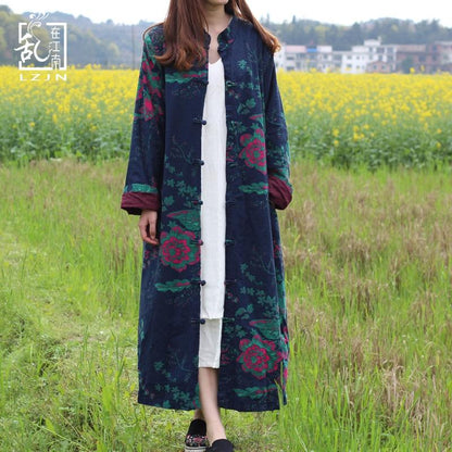 Buddha Trends Blue / One Size Floral Chinese Linen Trench Coat