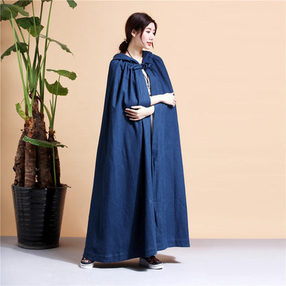 Buddha Trends Blue / One Size Long Hooded Linen Cloak