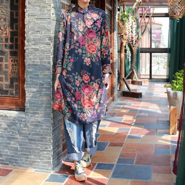 Buddha Trends Blue / One Size Mandarin Collar Floral Long Shirt  | Zen