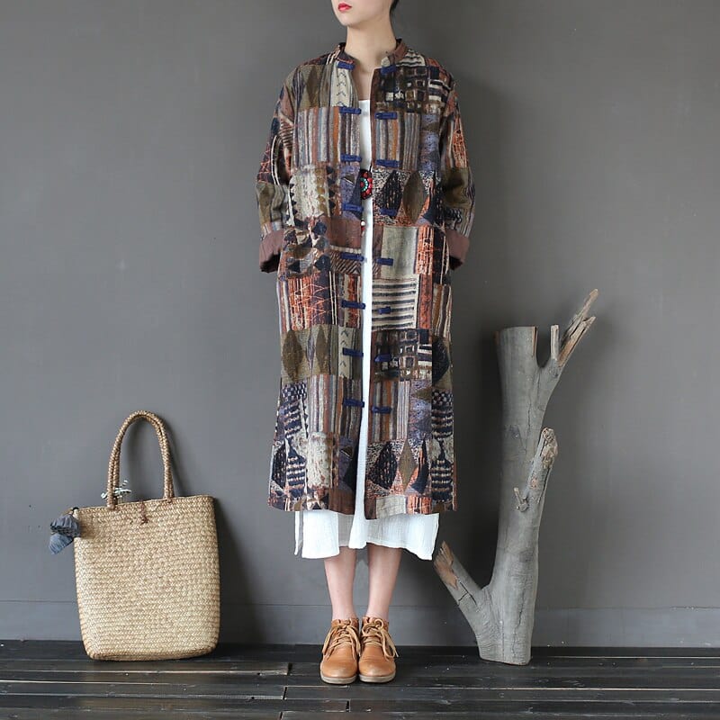 Buddha Trends Blue / One Size Patchwork Prints Chinese Linen Trench Coat