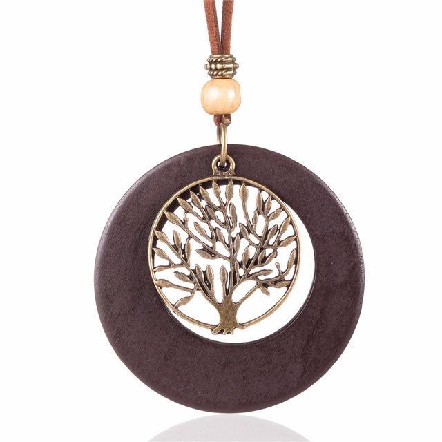 Buddha Trends Brown Life Tree Geometric Wooden Pendant Necklace