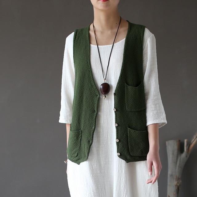 Buddha Trends Cardigans Army Green Casual Knitted Vest