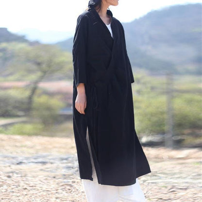 Buddha Trends Cardigans Black / One Size Long Linen Wrap Cardigan  | Zen