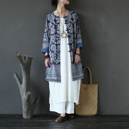 Buddha Trends Cardigans Blue and White Long Linen Cardigan