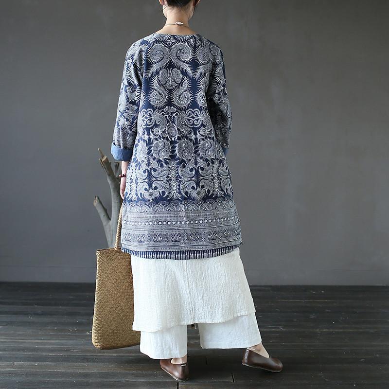 Buddha Trends Cardigans Blue and White Long Linen Cardigan