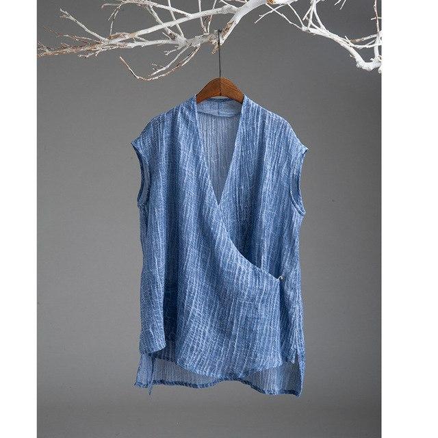 Buddha Trends Cardigans Blue / L Short Sleeve Blue Wrap Linen Cardigan  | Zen