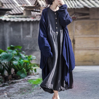 Buddha Trends Cardigans Blue / One Size Long Linen Wrap Cardigan | Lotus