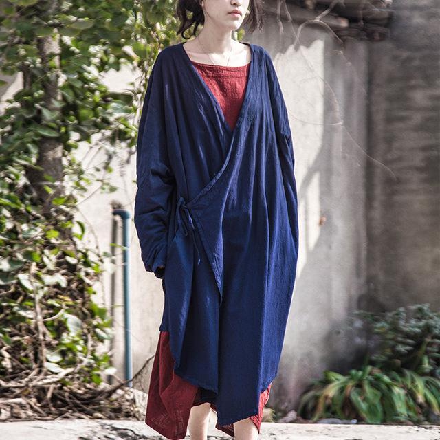 Buddha Trends Cardigans Dark blue / One Size Asymmetrical Linen Wrap Cardigan | Lotus