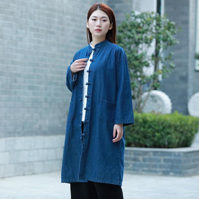 Buddha Trends Cardigans Dark blue / One Size Mandarin Collar Zen Denim Cardigan  | Zen
