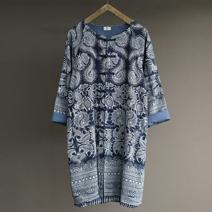 Buddha Trends Cardigans Navy Blue / One Size Blue and White Long Linen Cardigan