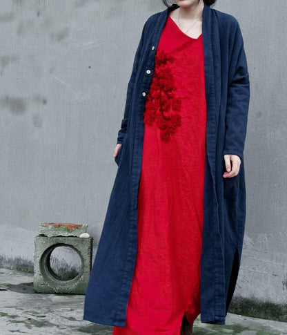 Buddha Trends Cardigans Navy blue / One Size Long Linen Cardigan with Large Pockets | Lotus
