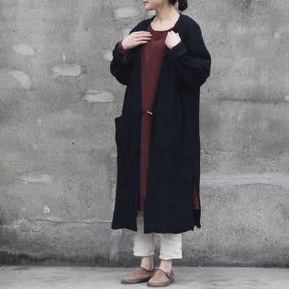 Buddha Trends Cardigans One Size / Black Long Cotton and Linen Cardigan  | Zen